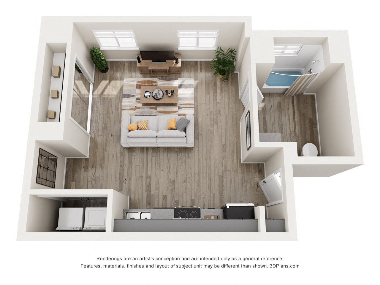 Floor plan for studio, 1 bath, 525 sqft